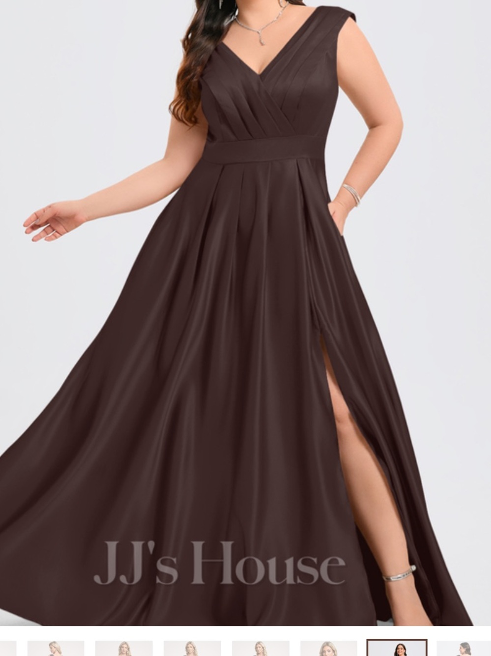 JJs House Brown V-Neck A-Line Prom Dress with Side Slit